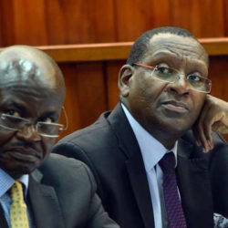 Lawyers James Oduol (left) and Njoroge Regeru, representing the Judicial Service Commission and Attorney-General Githu Muigai respectively, at the High Court in Mombasa on August 23, 2016 where Justice George Odunga heard a petition seeking to stop the hiring of the next Chief Justice and deputy Chief Justice. PHOTO | KEVIN ODIT | NATION MEDIA GROUP